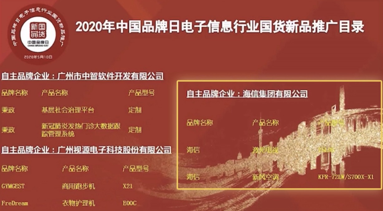 海信激光电视、新风空调入选中国品牌日 “国货新品” 智能公会
